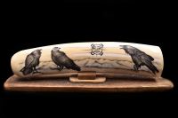 THREE RAVENS UNDER A TLINGIT SUN SCRIMSHAW